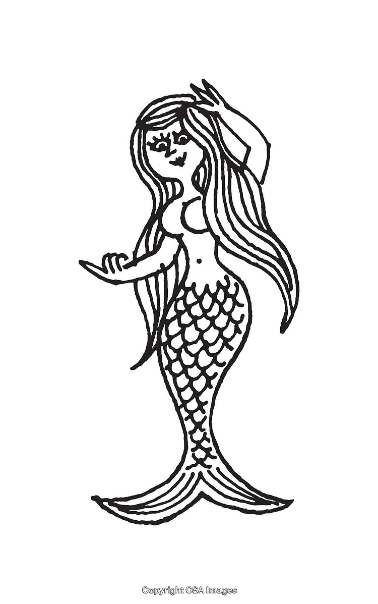 Black and White Line Art Illustration of a Playful Mermaid