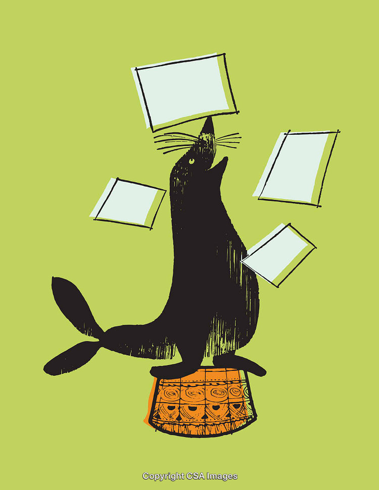 Whimsical Seal Balancing Objects in Color Line Art Illustration