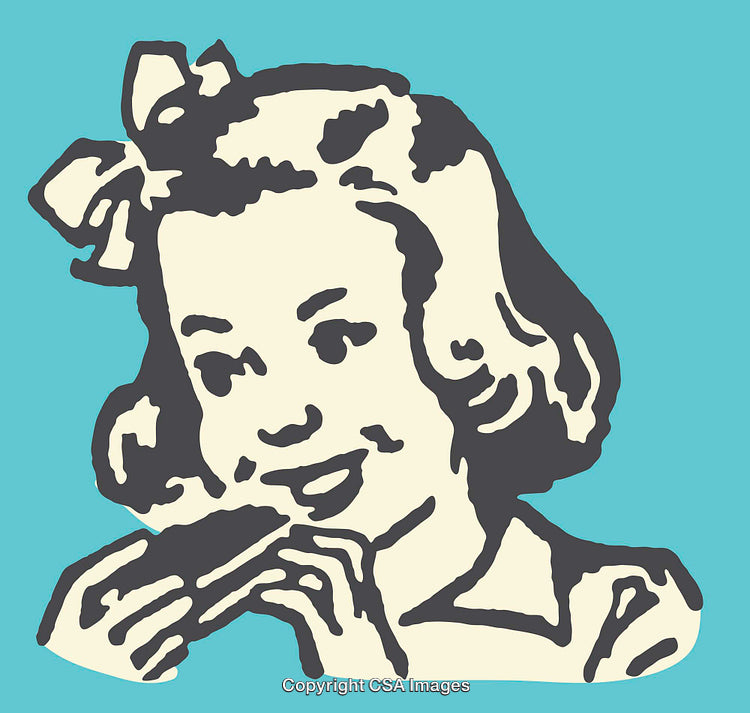 Retro Style Illustration of a Smiling Girl Eating a Sandwich