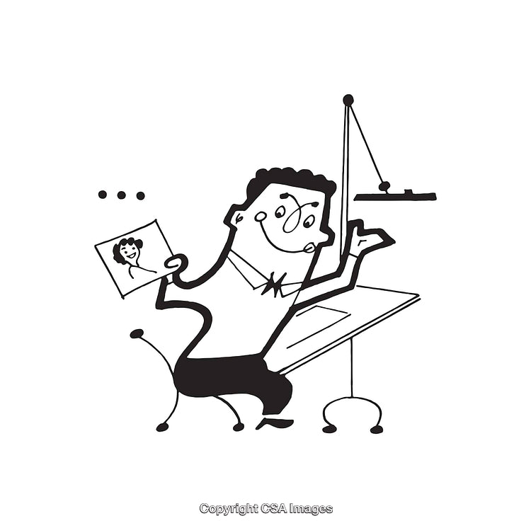 Playful Black And White Drawing of a Person at a Desk