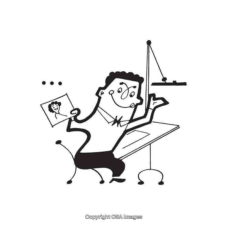 Playful Black And White Drawing of a Person at a Desk