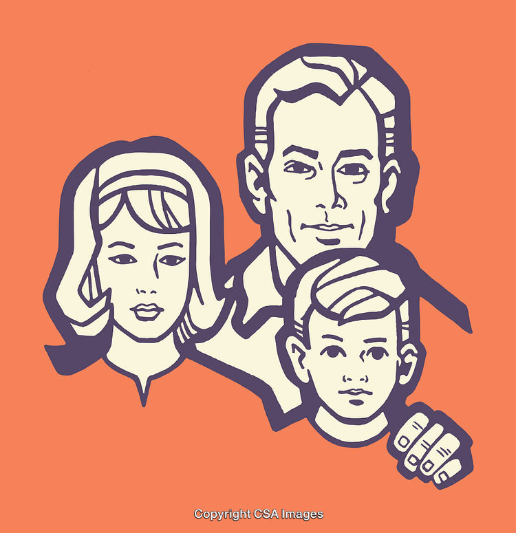 Vintage Family Portrait Illustration in Minimalist Line Art Style