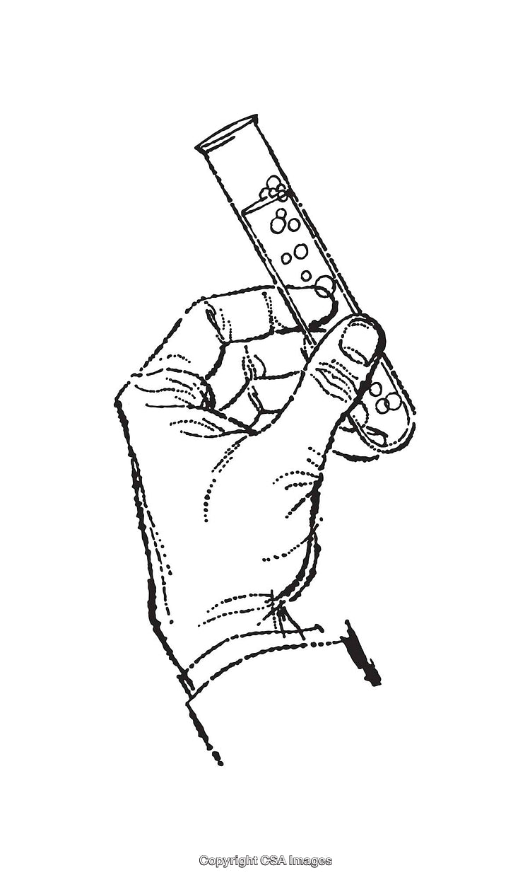 Hand Holding a Test Tube with Chemical Bubbles Line Art Illustration