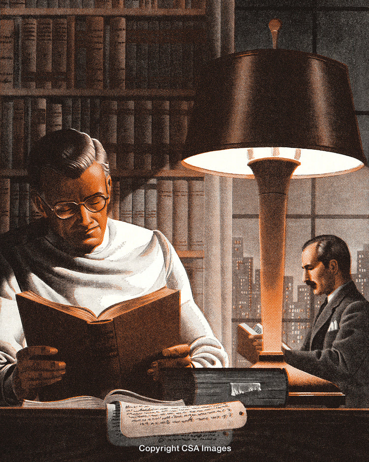 Two Men Reading in a Classic Library Setting With Warm Lighting