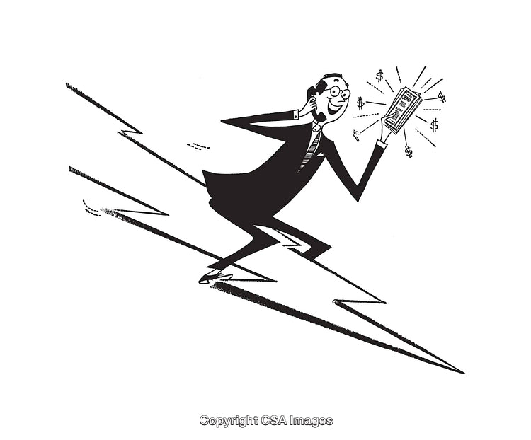 Retro Businessman Excitedly Receives Financial News on His Mobile Phone
