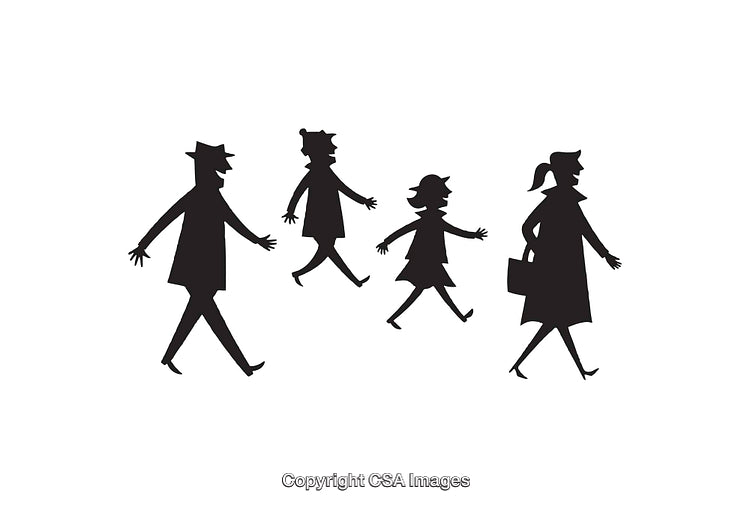 Silhouettes of Walking Family Members in Black and White Illustration