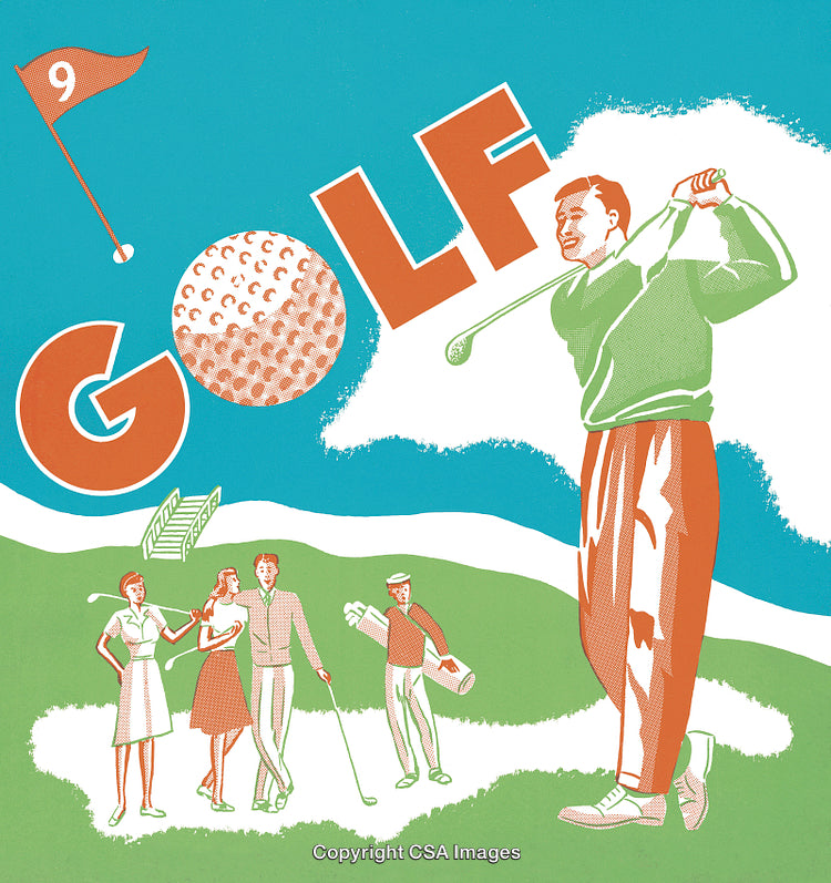 Vintage Style Illustration of People Playing Golf on a Scenic Course