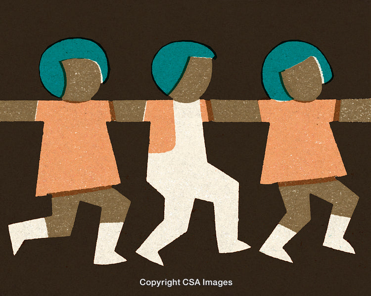 Abstract Artwork of Three Individuals Holding Hands in a Cheerful Pose