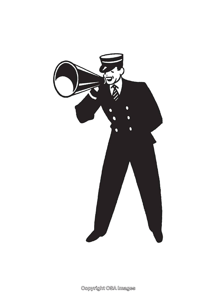 Black and White Illustration of a Man Shouting Through a Megaphone