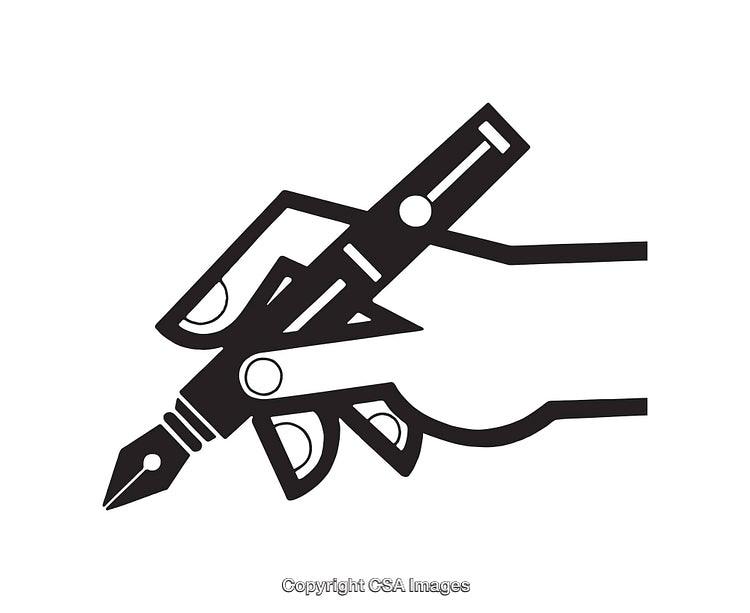 Black And White Illustration of a Hand Holding a Fountain Pen