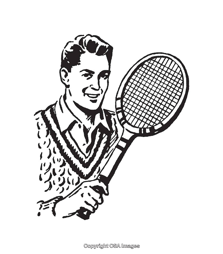 Retro Black and White Illustration of a Tennis Player with Racquet