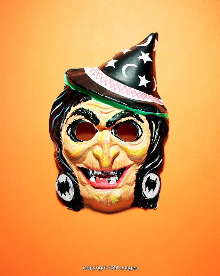 Vibrant Halloween Witch Mask Against Bright Orange Background