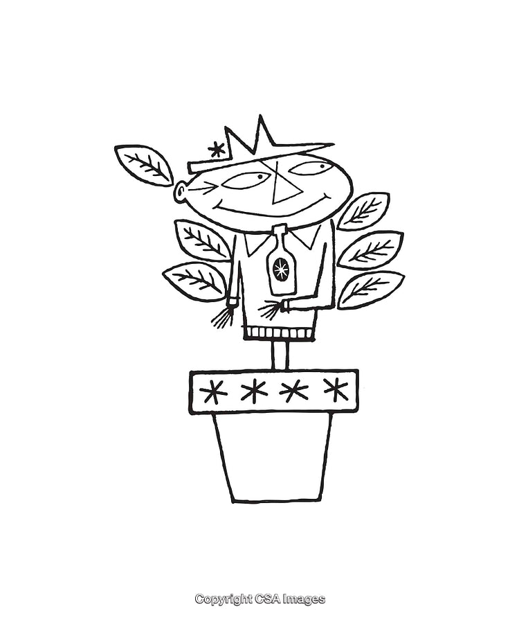 Whimsical Black and White Person Plant Line Art Illustration