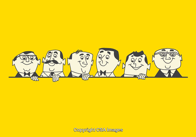 Colorful Illustration of Businessmen in a Row on Bright Yellow Background