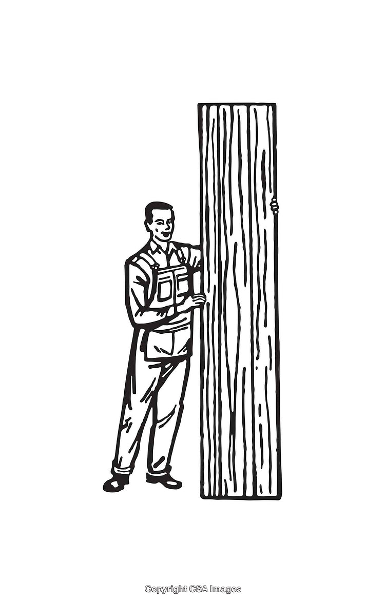 Worker Holding Wooden Board in Black and White Line Art Drawing