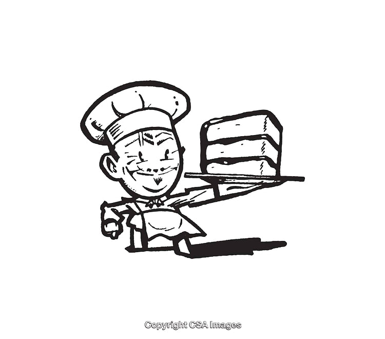 Black and White Illustration of Smiling Chef Holding a Cake