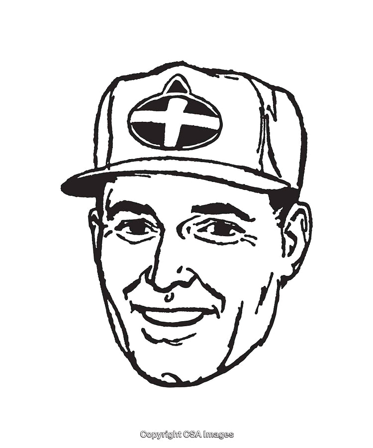Black and White Line Drawing of a Smiling Man Wearing a Hat