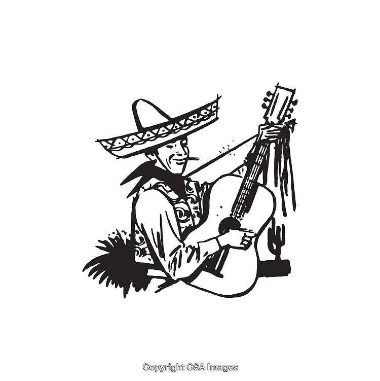 Black and White Illustration of a Musician with Guitar in Traditional Attire