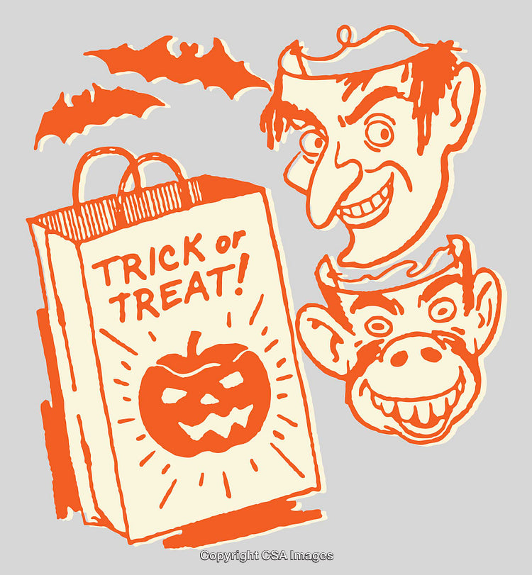 Vintage Halloween Line Art Featuring Trick-Or-Treat Bag and Festive Masks