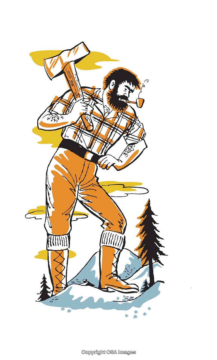 Stylized Illustration of a Lumberjack in a Mountainous Landscape