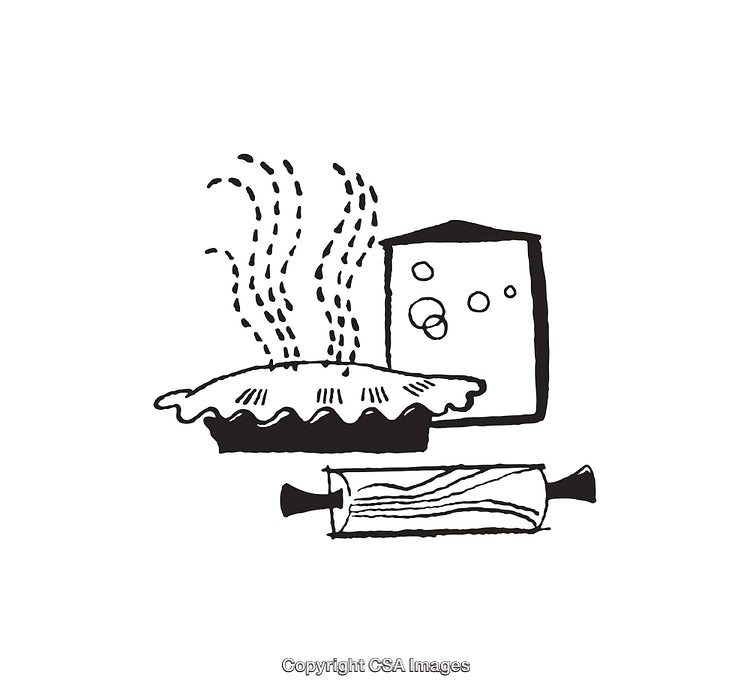 Black and White Illustration of a Freshly Baked Pie with Rolling Pin