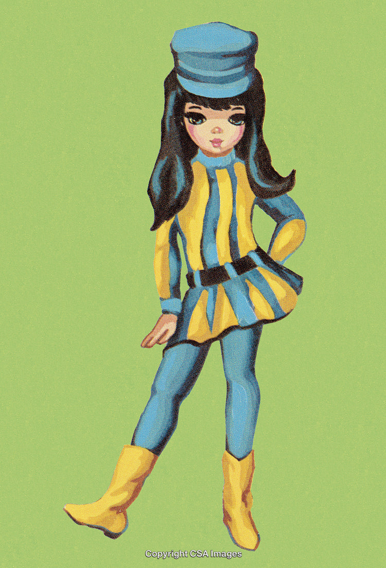 Stylized Illustration of a Colorful Fashion Figure on Green Background