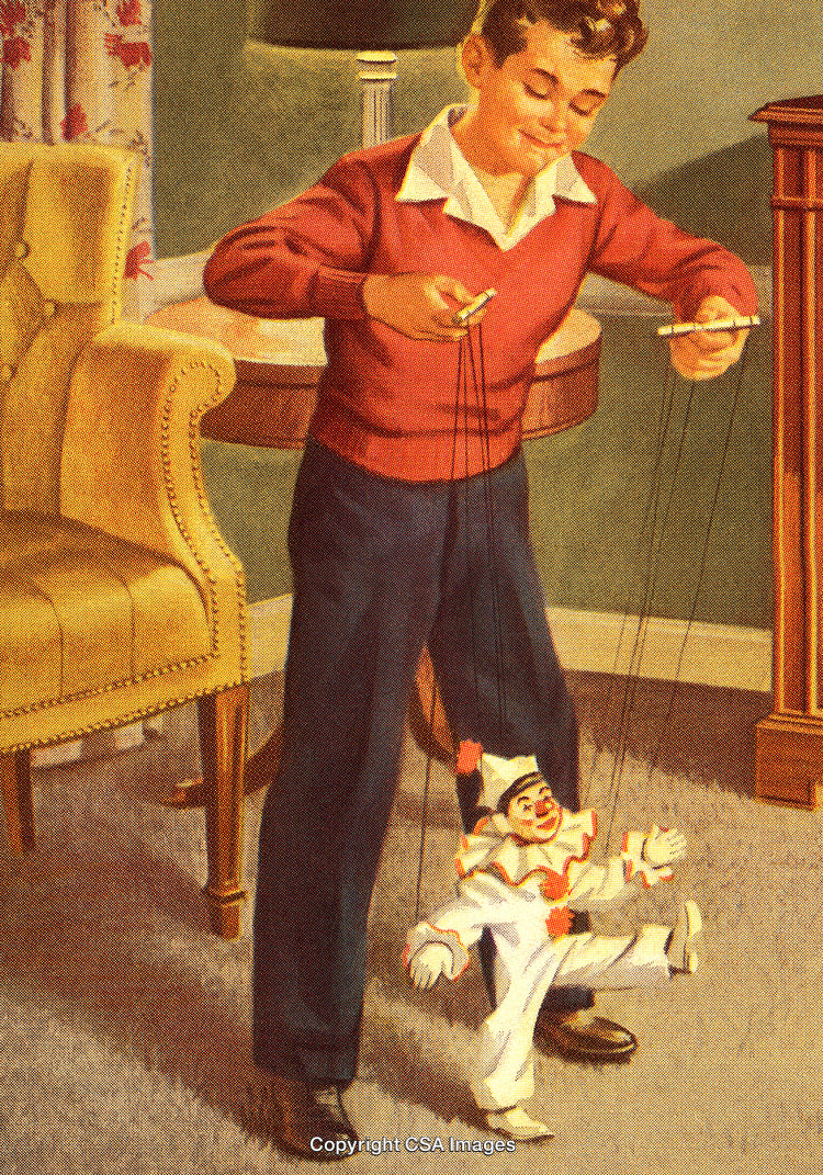 Retro Boy Playing with Puppet in Cozy Living Room Setting