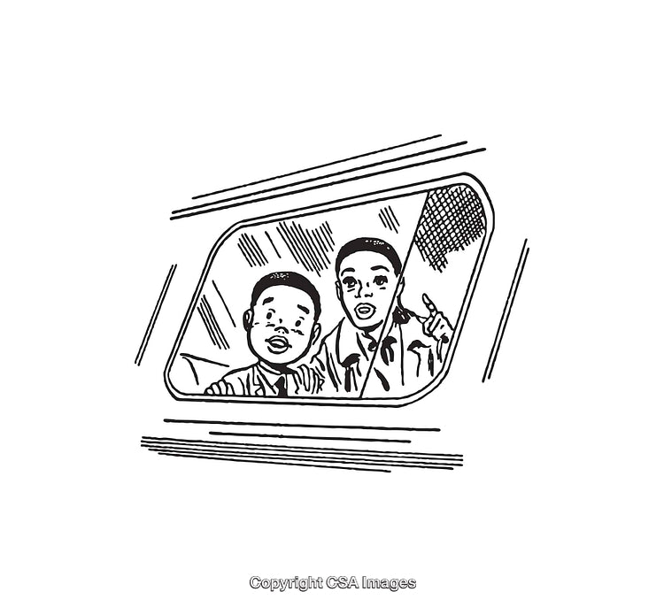 Black And White Illustration of Two Curious Boys Looking Out of a Window