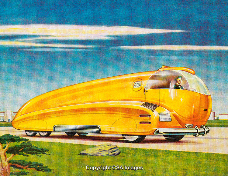 Futuristic Yellow Vehicle with Driver in Retro Artwork Style