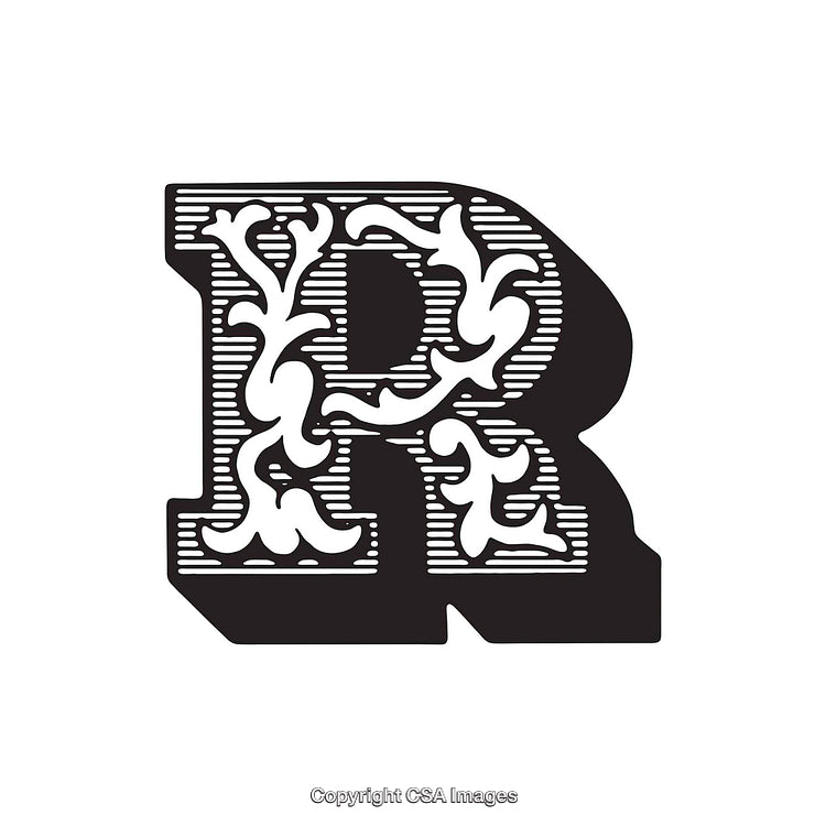 Ornate Decorative Letter R with Intricate Floral Detailing in Black and White
