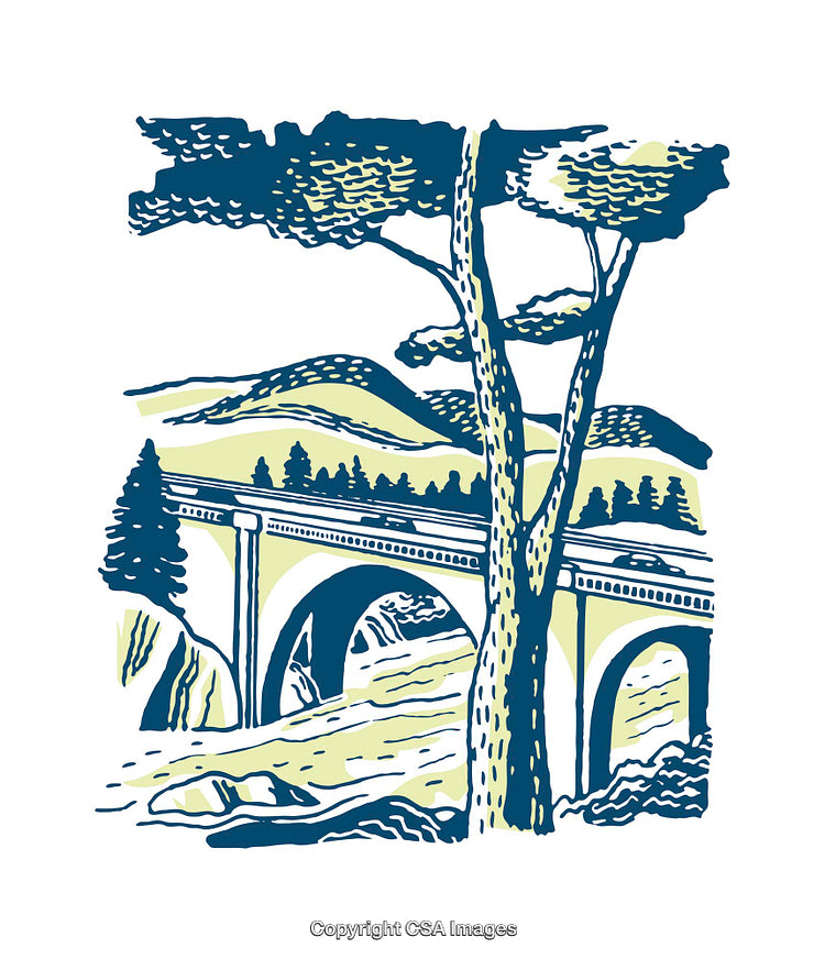 Vintage Illustration of a Scenic Bridge and Trees in a Countryside Landscape