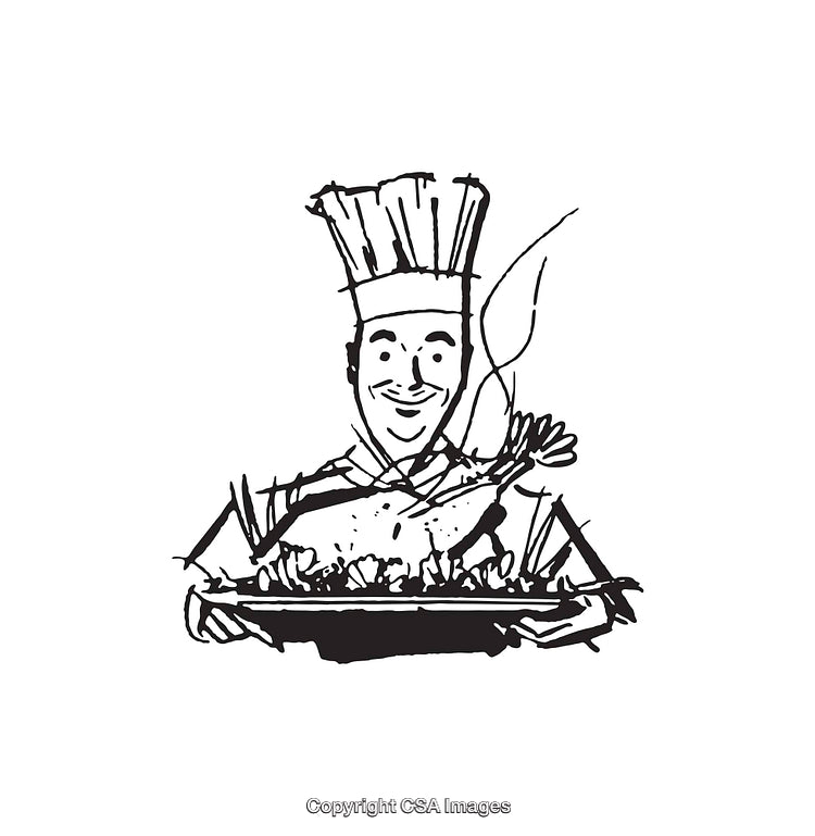 Chef Holding a Roasted Chicken Platter in Black and White Line Art