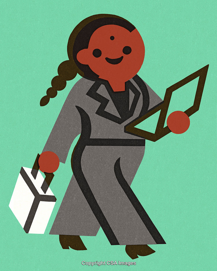 Illustration of Businesswoman Carrying Briefcase and Tablet Against Green Background