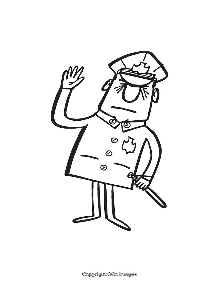 Black and White Line Art Depiction of Policeman Showing Gesture