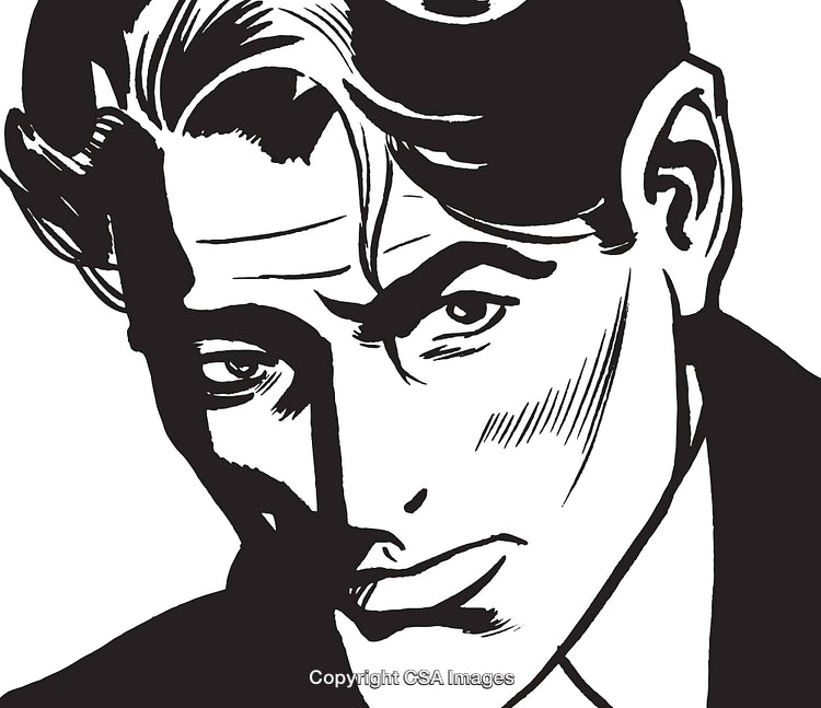 Black and White Pop Art Illustration of a Man with Intense Expression