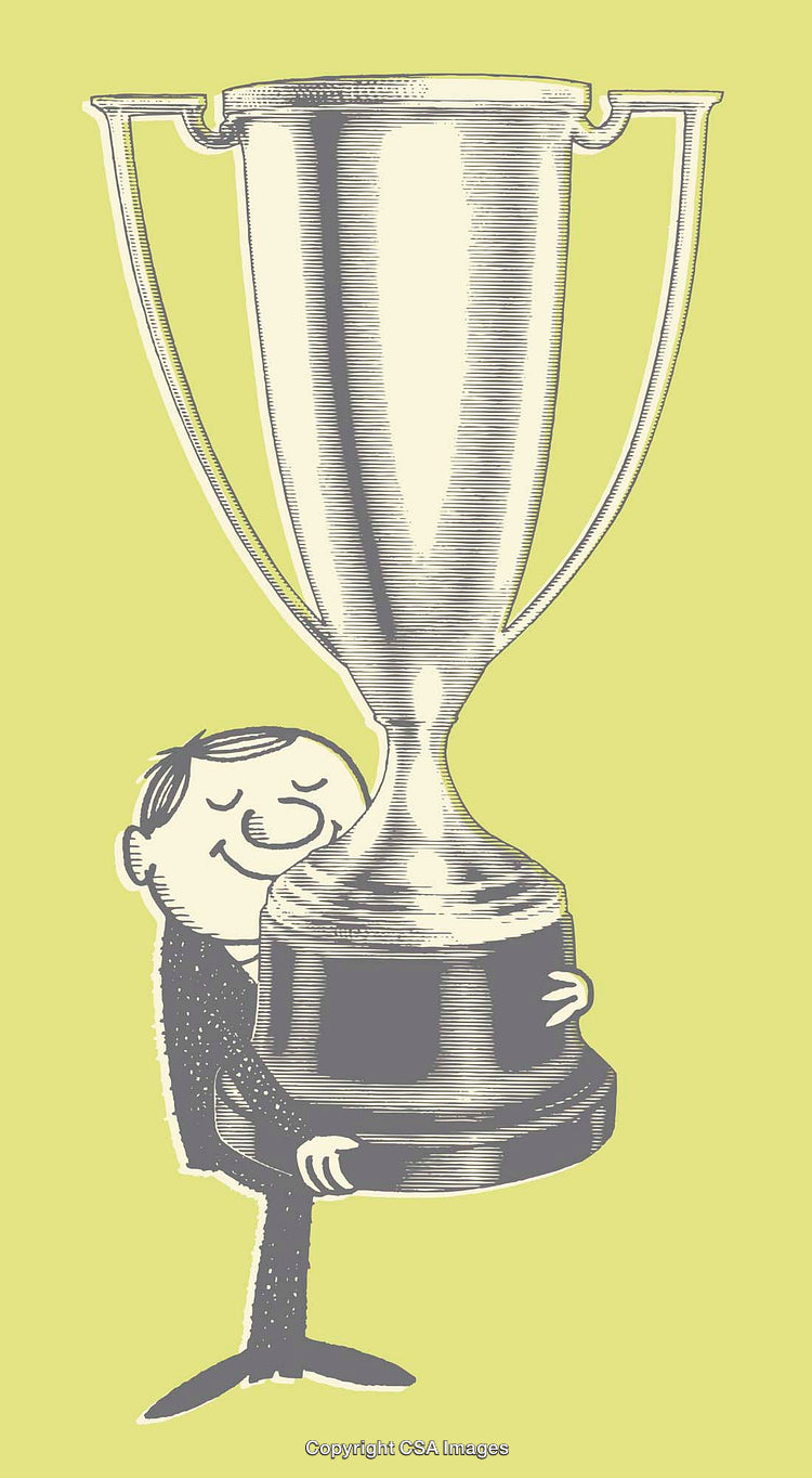 Cartoon Character Hugging Trophy in Vector Line Art Style