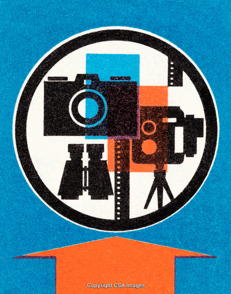 Vintage Illustration Featuring Cameras, Tripod, Binoculars, Film Style Design Elements