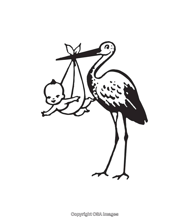 Black and White Line Art of Stork Carrying Newborn Baby