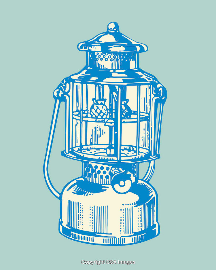 Vintage Kerosene Lantern Illustrated in Blue on Light Cyan Background