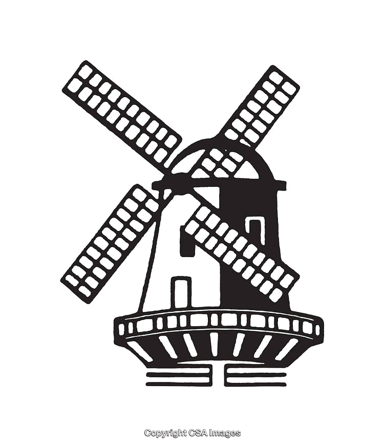Black and White Line Art Illustration of a Windmill Silhouette