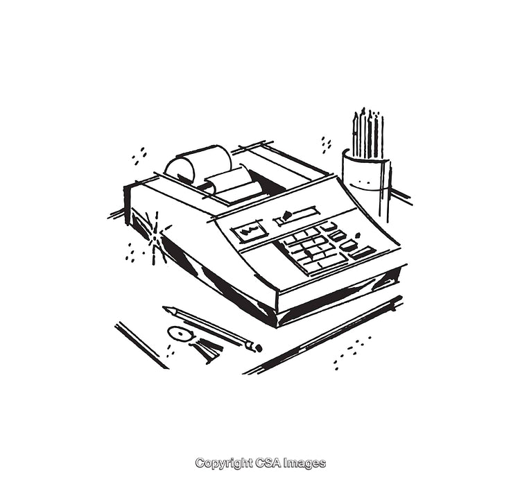 Black and White Line Art of a Calculator and Office Supplies