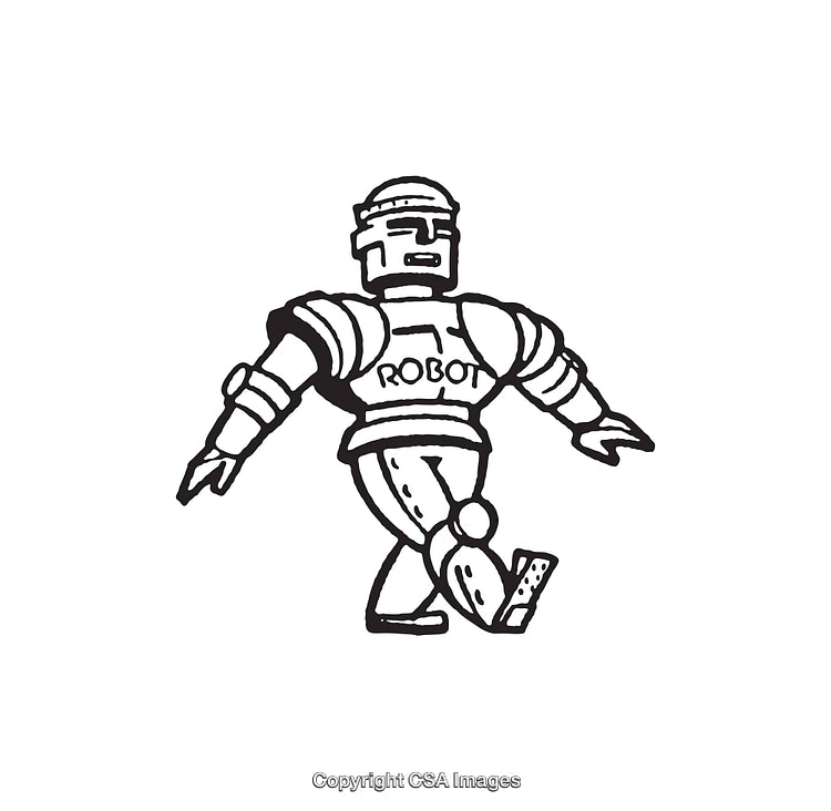 Retro Futuristic Robot Line Art Illustration in Black and White