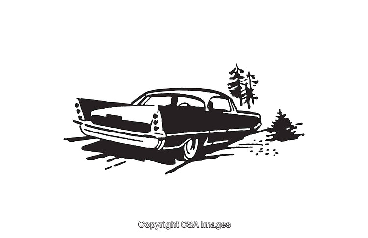 Vintage Car Illustration with Scenic Trees in Black and White Artwork