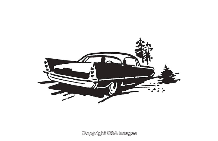 Vintage Car Illustration with Scenic Trees in Black and White Artwork