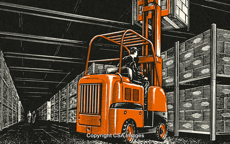 Forklift Operator Handling Goods in a Large Warehouse Environment