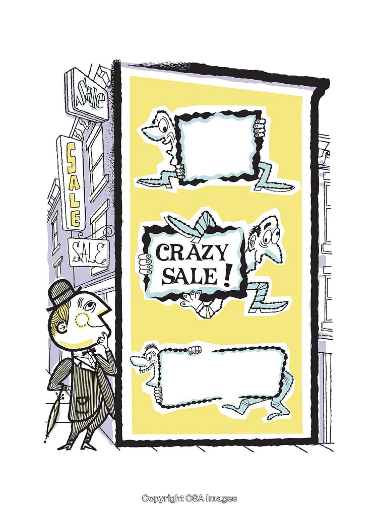 Colorful Illustration of Crazy Sale Signage with Whimsical Characters