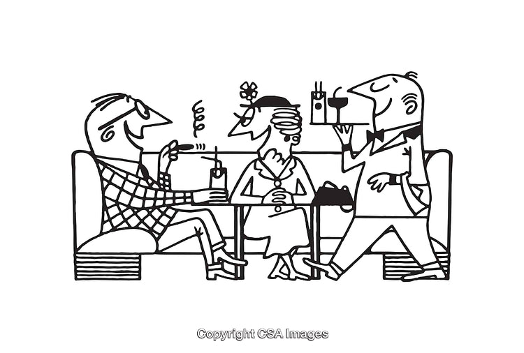 Black And White Line Art Illustration of Friends in a Cafe