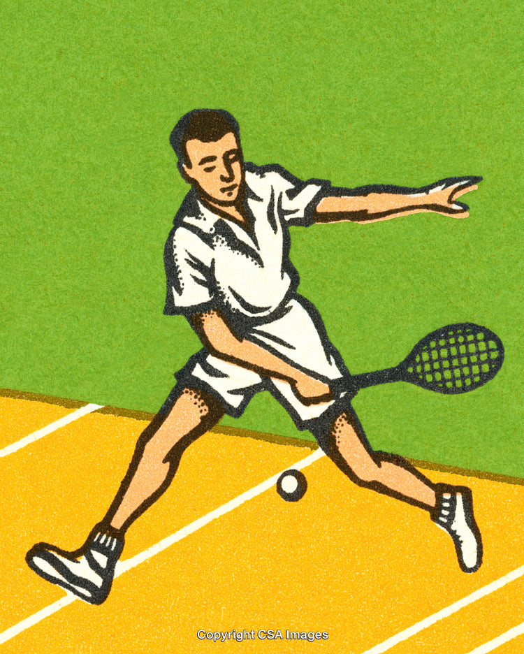 Vintage Illustration of Man Playing Tennis on a Court in Action Pose