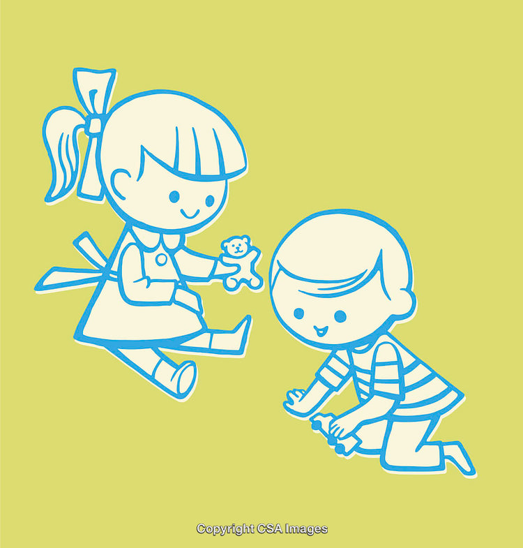 Playful Boy and Girl Sharing Toys in Vibrant Line Art Illustration
