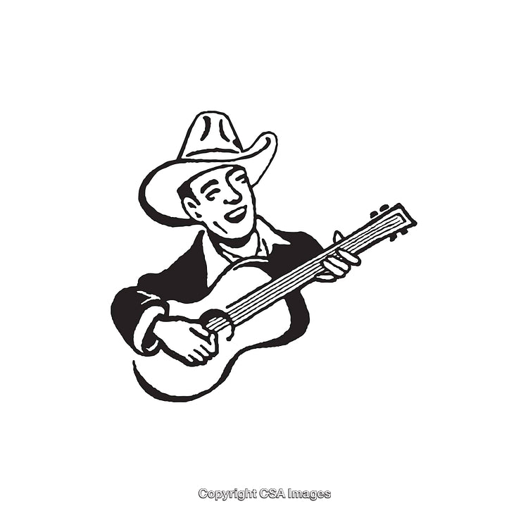 Black and White Line Art of a Cowboy Playing a Guitar